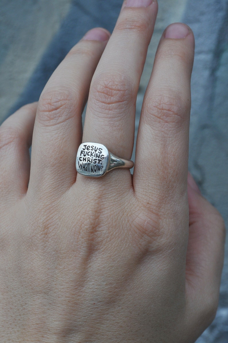 What Now Ironic Silver Signet Ring with Texts in Different Languages, French, Italian, Hebrew, Russian, English image 8