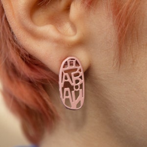 Pink Oval Earrings with Word Davai in Russian, Colorful and Quirky image 4