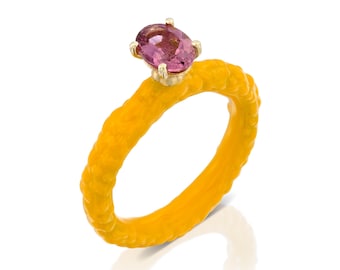 The Sweets of Bonbonia: Rhubarb & Custard 18K Gold Solitaire Ring With Tourmaline And Enamel