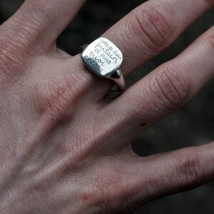 What Now Ironic Silver Signet Ring with Texts in Different Languages, French, Italian, Hebrew, Russian, English French