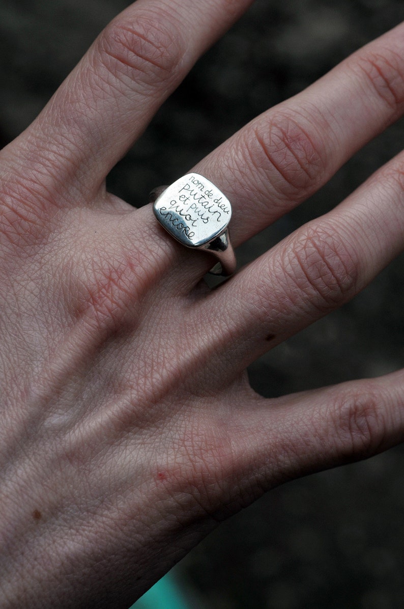 What Now Ironic Silver Signet Ring with Texts in Different Languages, French, Italian, Hebrew, Russian, English French