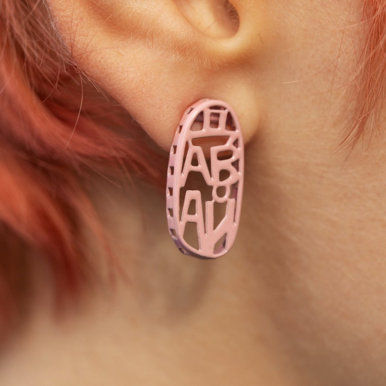 Pink Oval Earrings with Word Davai in Russian, Colorful and Quirky image 3