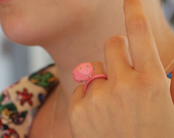 Pink Blob Ring With Green Swarovski Stones