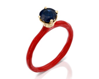 The Sweets of Bonbonia: Ice Chili 18K Gold Solitaire Ring With Sapphire And Red Enamel