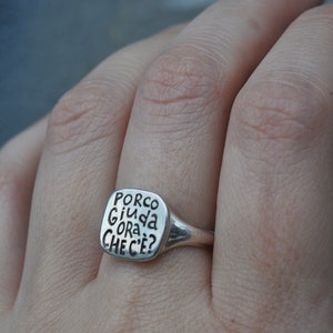 What Now Ironic Silver Signet Ring with Texts in Different Languages, French, Italian, Hebrew, Russian, English Italian