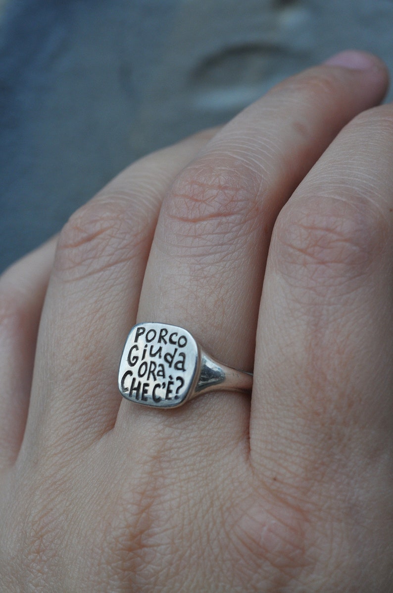 What Now Ironic Silver Signet Ring with Texts in Different Languages, French, Italian, Hebrew, Russian, English Italian