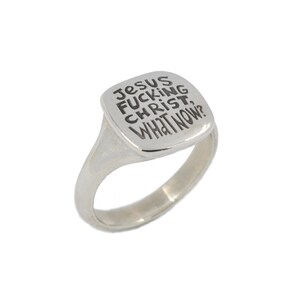 What Now Ironic Silver Signet Ring with Texts in Different Languages, French, Italian, Hebrew, Russian, English English