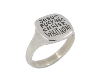 What Now Ironic Silver Signet Ring with Texts in Different Languages, French, Italian, Hebrew, Russian, English