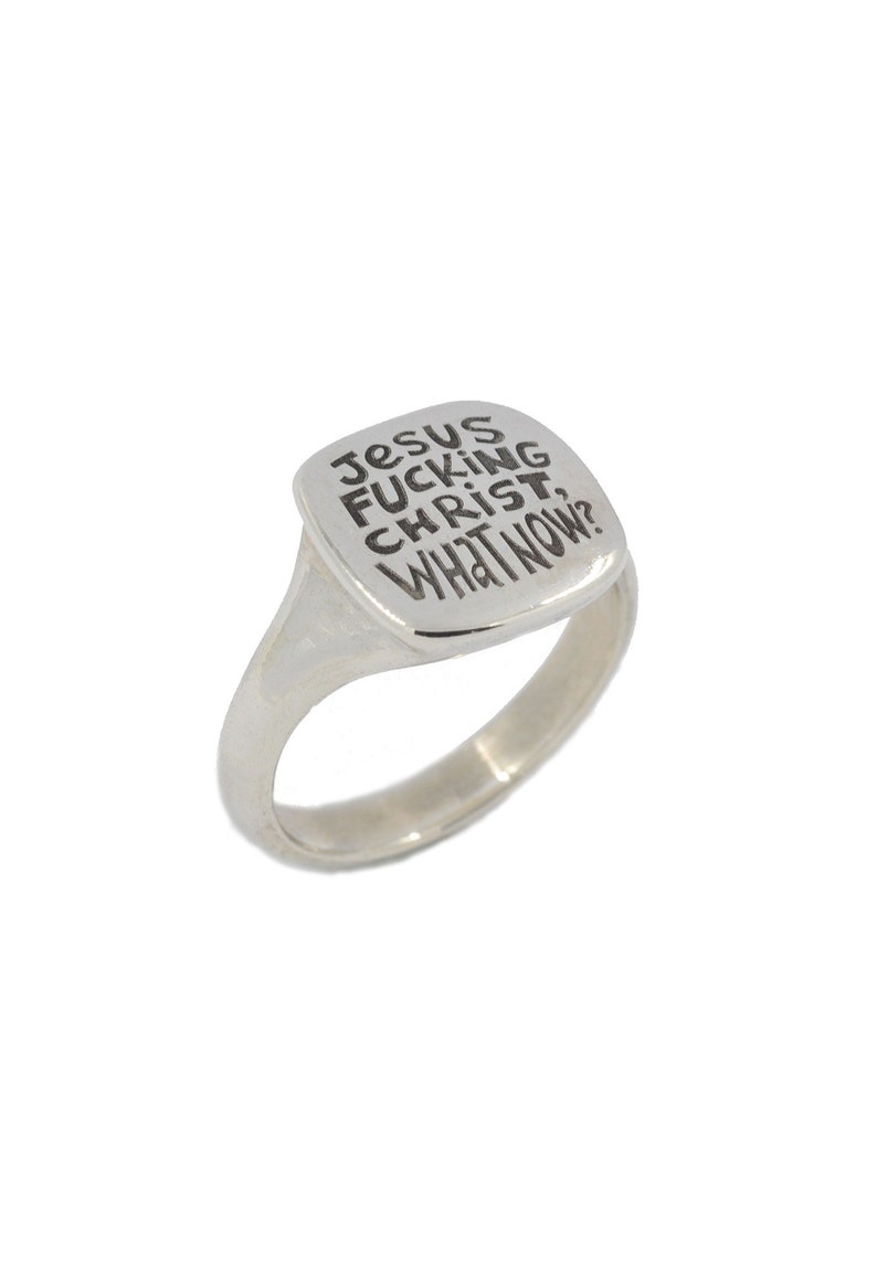 What Now Ironic Silver Signet Ring with Texts in Different Languages, French, Italian, Hebrew, Russian, English English