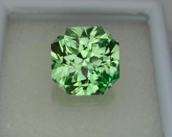 Precision Cut, 8 mm Apple Green Lab Sapphire: Asscher Cut Gemstone