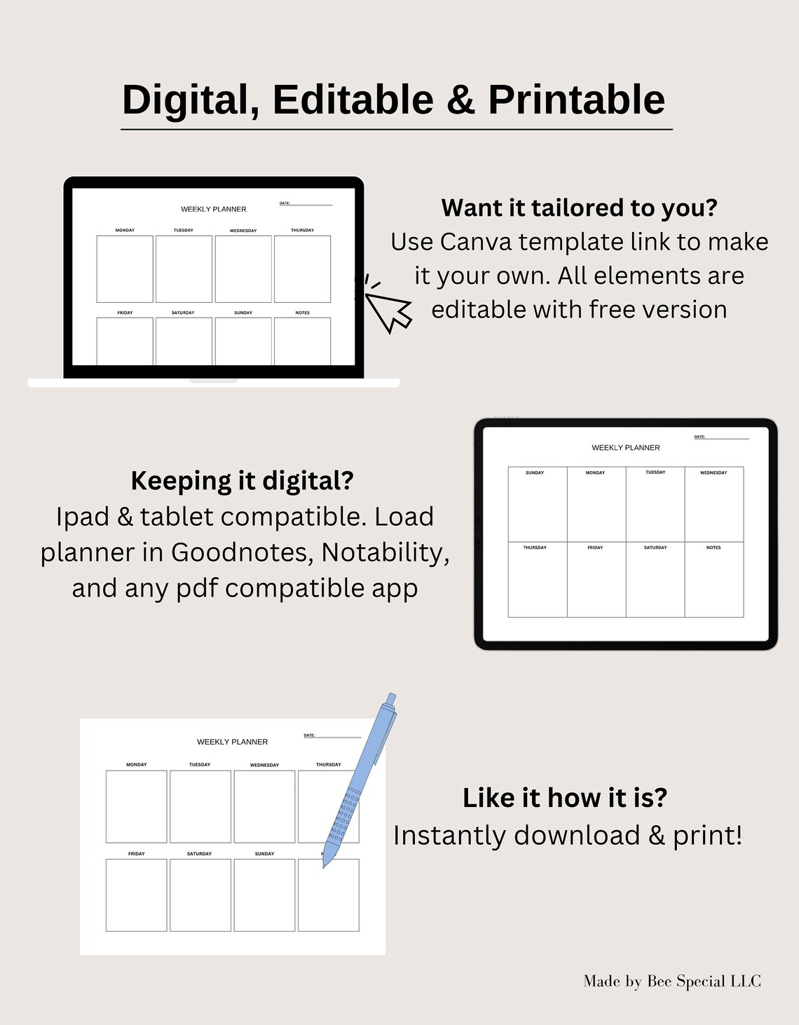 Weekly Planner Printable Landscape, Minimalist Weekly Undated Calendar ...