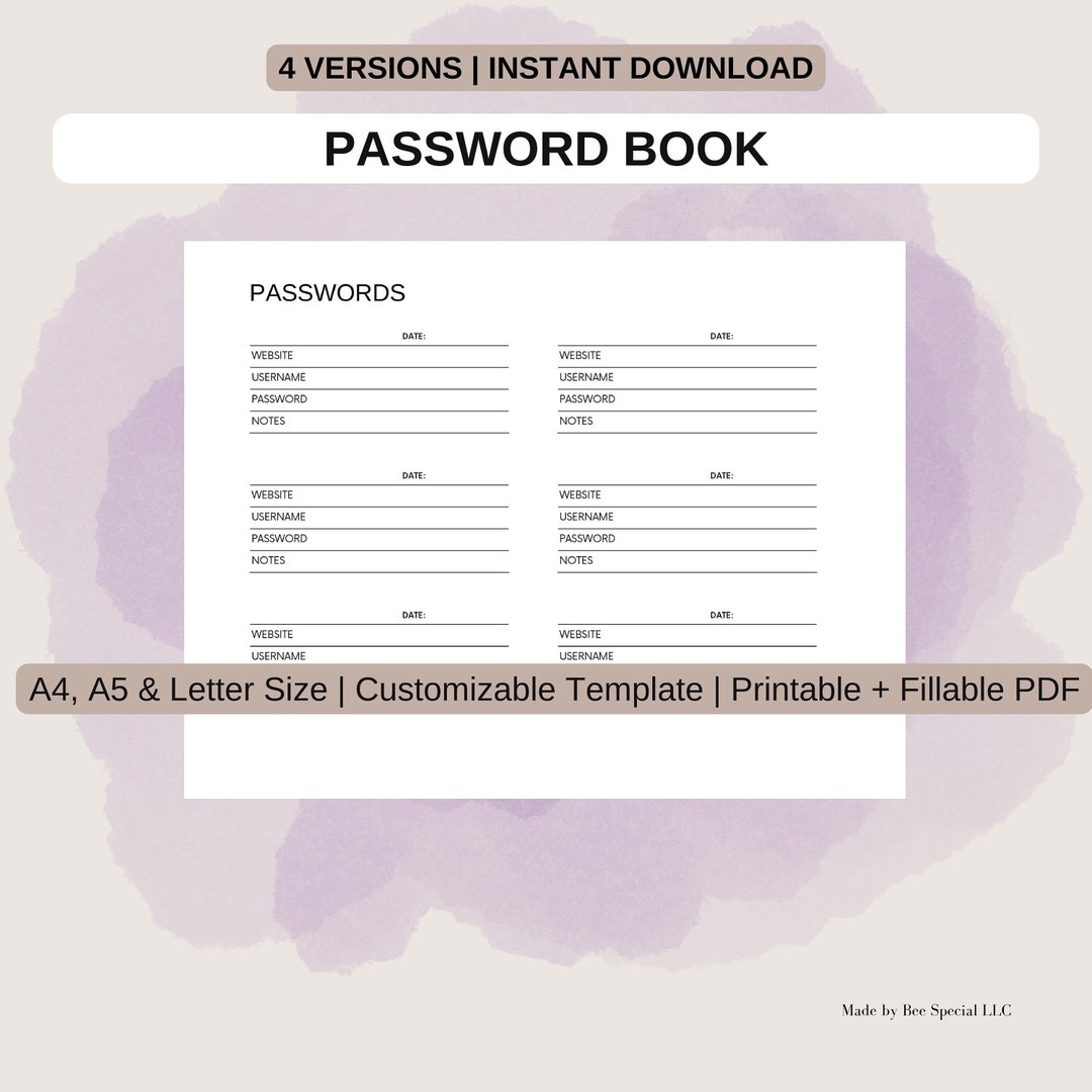 Password Book Password Tracker Printable Fillable Password - Etsy
