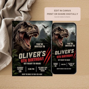 Könnte beinhalten: Eine digitale Geburtstagseinladungsvorlage mit einem T-Rex-Dinosaurier, Dschungellaub und roten Krallenspuren. Der Text lautet: You're invited to Oliver's 8th birthday, get ready to roar, Saturday October 26, 2:00 PM, 123 Dino Lane, Denver, CO 80202.