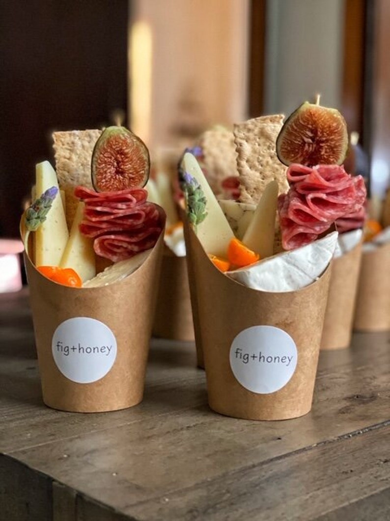 Personalized 12oz Charcuterie Cups, Kraft French Fry Holder, Disposable Cardboard Paper Appetizer Cups, Wedding Snack Cups, Party Cups image 1