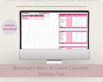 Calculadora de calorías y macronutrientes para dietistas / Planificador de comidas de Excel para dietistas / Hoja de cálculo automatizada de seguimiento nutricional / Descarga instantánea