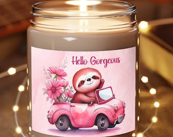 Hello Gorgeous Waving Sloth 9oz Soy Candle,Sloth Candle For Women,Hello Gorgeous Candles For Women,Sloth Themed Gifts For Women,Sloth Candle