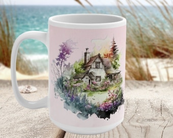 Cottage Floral Coffee Mug, Floral Cottage Coffee Cup, Cottagecore Coffee Mug, Pretty Cottage Coffee Mug, Watercolor Cottage Floral Mug 15oz