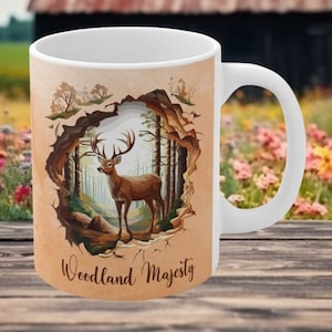 Woodland Majesty Coffee Mug, Buck in Woods 3D Mug, Deer Buck Mug, Seasonal Décor, Autumn Décor, Buck Coffee Mug, Deer Lover Coffee Mug