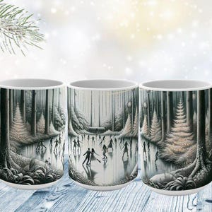 May include: Three white ceramic mugs with a winter scene design. Each mug features a snowy forest with a frozen lake and people ice skating. The mugs are all the same size and shape.