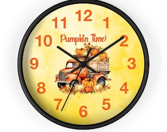 Pumpkin Time! 10" Round Wall Clock,Pumpkin Truck Wall Clock, Seasonal Fall Clock,Vintage Farm Truck With Pumpkins Wall Clock,Fall Wall Clock