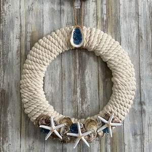 Oyster Shell Wreath, Beach inspired, New England oyster shells, natural oyster shells, clusters of seaglass, Nautical rope, driftwood.