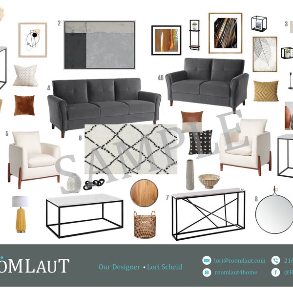Living Room Grey with Rust Mood Board, Room Scheme and Shopping Guide | Interior Design Services