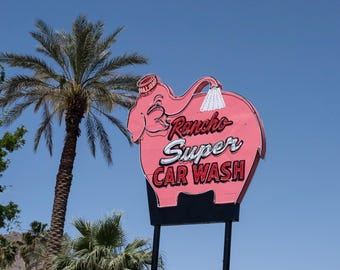 Pink Elephant Rancho Super Car Wash Palm Springs Vintage Sign Photography, California Neon Print