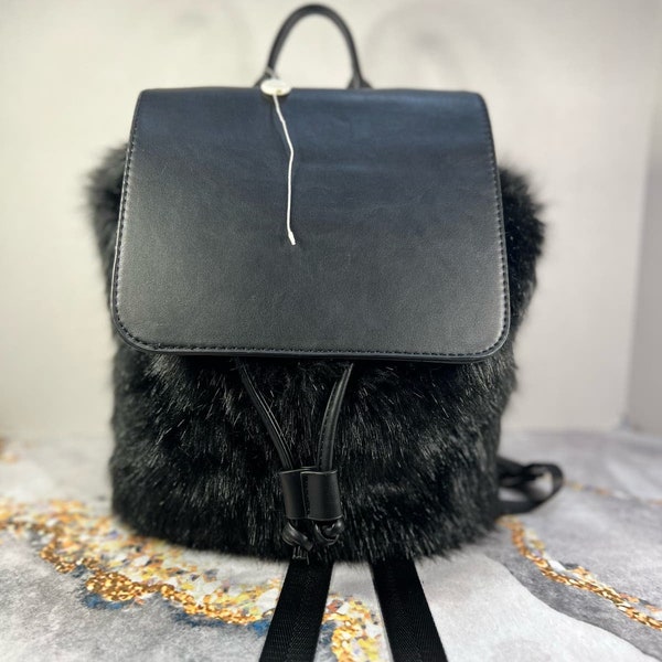 MMS Design Studio Black Fur Backpack Shoulder Handbag Purse EUC