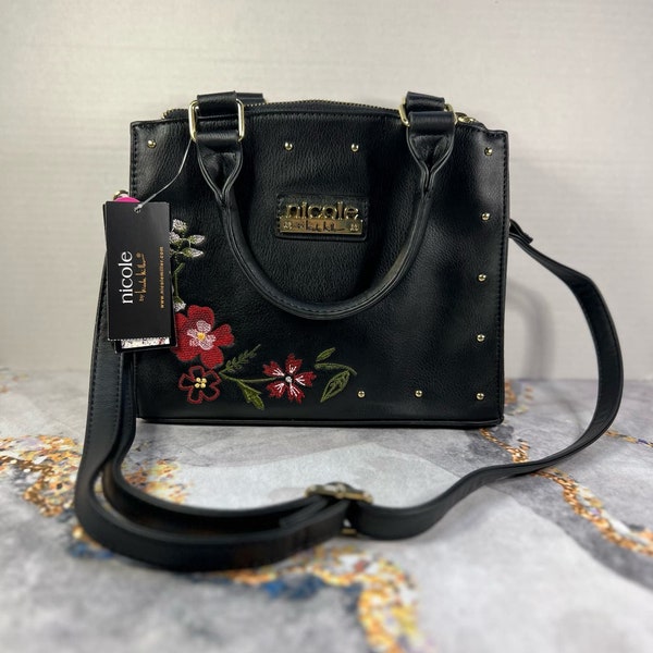 Nicole Miller Black Shoulder Bag Crossbody Handbag Purse W/Flowers NEW