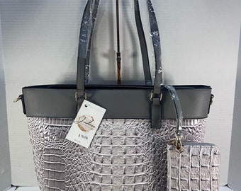 Gray Embossed Crocodile Purse Handbag and Wallet NEW