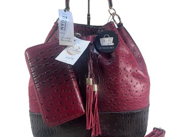 Red Boho Tassel Ostrich Print Handbag Satchel Wallet Set