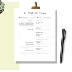 May include: A black and white resume template with the name Christian Silva at the top. The resume includes sections for About Me, Education, Expertise, Experience, and Achievements.