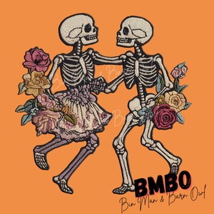 Arte digital de estilo bordado de esqueletos danzantes / Pareja de esqueletos florales / Impresión de decoración gótica y de Halloween / Archivo PNG de alta calidad