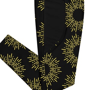 Edgy Black & Gold Leggings with Pockets 80s Sun Pattern Print – Retro Women&#39;s Leggings – Trendy All Over Print Gift Idea
