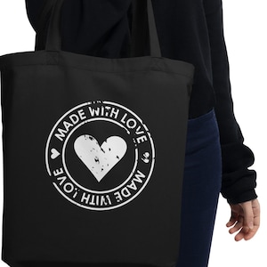 Sac fourre-tout écologique Made With Love Shop Petit fourre-tout d’épicerie Fourre-tout noir et blanc Sac fourre-tout en forme de cœur Cadeaux pour ses cadeaux pour maman Bestfriend Valentines