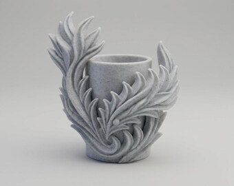 Vaso organizador escultural impreso en 3D: soporte blanco moteado con aspecto de piedra, decoración moderna para escritorio.