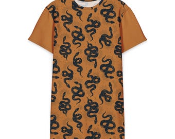 Cotton T-Shirt Dress: Snake Print, Witchy Gothic Style, Flowy Summer