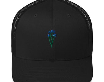 Gorra de camionero azul con bordado floral - Gorra de malla de verano