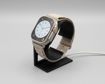 Soporte para Apple Watch impreso en 3D, base de carga estilo fibra de carbono negra.