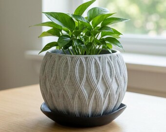 Maceta con aspecto de piedra impresa en 3D con bandeja de fibra de carbono, maceta moderna para plantas de interior.
