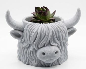 Maceta con forma de vaca de las Tierras Altas, maceta para suculentas impresa en 3D, decoración con aspecto de piedra.