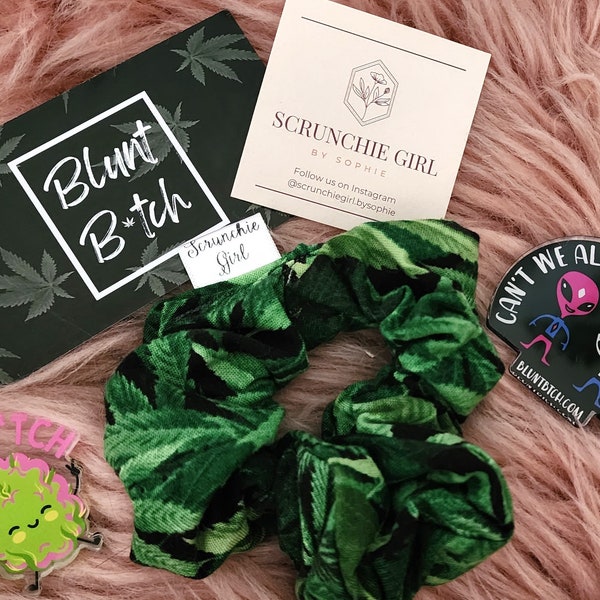 SCRUNCHIE GIRL - Handmade 420Print Cute Scrunchie Alien Keychain Hair Accessories Hair Tie Stickers Mary Jane Inspired Nug Pin Vinyl Holo