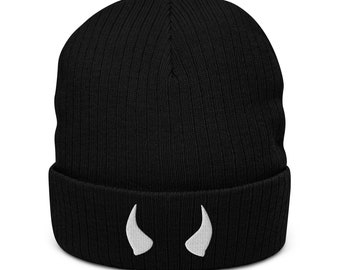 Gorro de malha canelada com chifres de diabo, gorro de inverno gótico