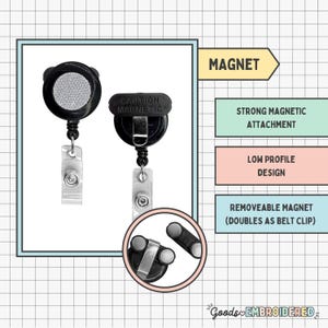 two black badge clips with a warning label and a description of their features.