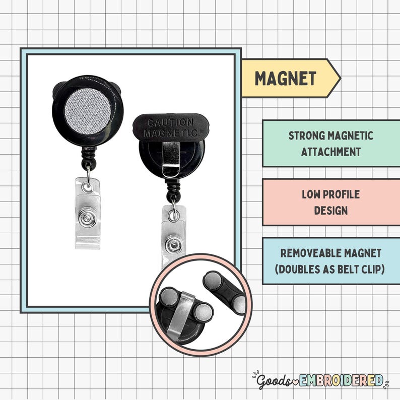 two black badge clips with a warning label and a description of their features.