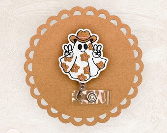 Floral Cowboy Ghost Badge Reel, Halloween Badge Reel, Teacher Lanyard, Nurse Badge Clip, ID Holder, Retractable Badge Reel, Coworker Gift