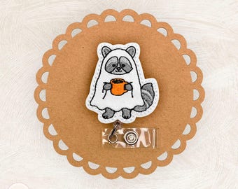 Raccoon Ghost Badge Reel, Halloween, Carabiner, Swivel Clip, ID Holder, Name Tag, MRI Safe, Nurse Accessories, Lanyard, Coworker Gift