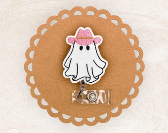 Cowboy Hat Ghost Badge Reel, Halloween Badge Reel, Teacher Lanyard, Nurse Badge Clip, ID Holder, Retractable Badge Reel, Coworker Gift
