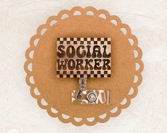 Checkered Social Worker Wood Badge Reel, Social Work Badge Reel, Retractable Badge Holder, Social Worker Gifts