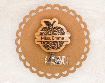 Apple Custom Name Badge Reel, Personalized, Wood, Teacher Lanyard, Carabiner, Name Tag, ID Holder, Swivel Clip, Badge Topper, Work Gift